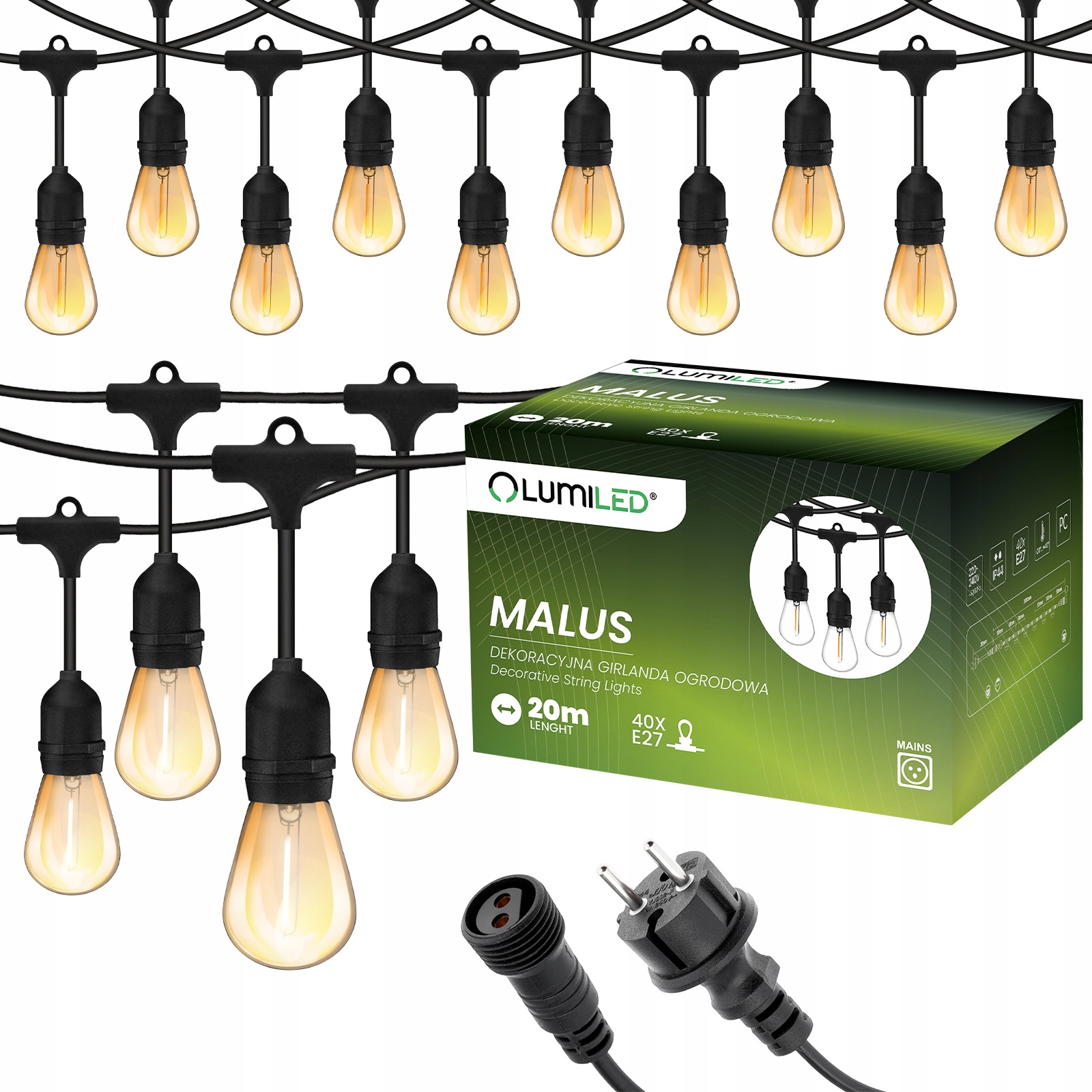 Girlanda Ogrodowa Zewnętrzna Łańcuch Żarówka Led 20m 40xE27 1,3W Premium