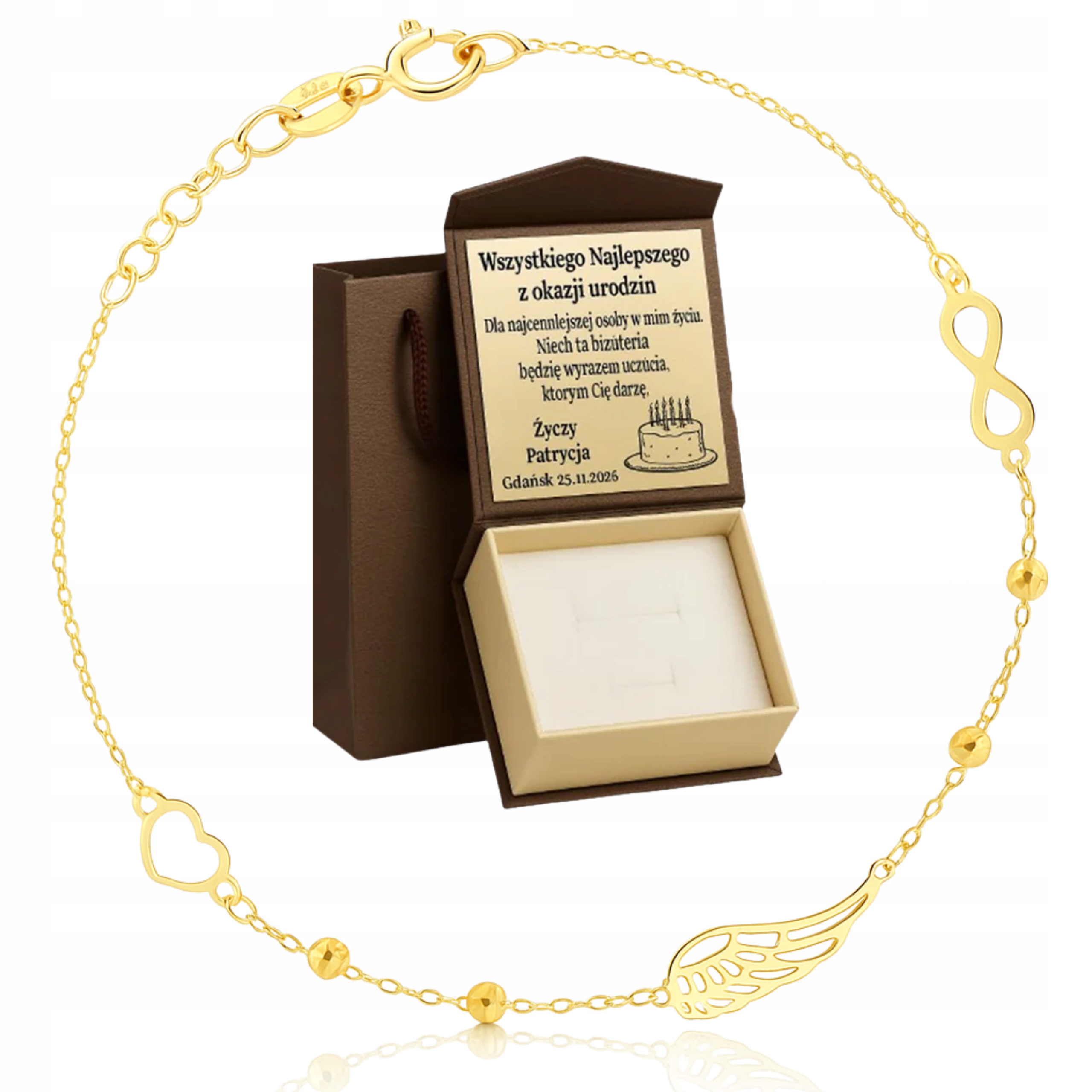 Złota Bransoletka PR333 Nieskończoność Serce Skrzydło Grawer Zestaw