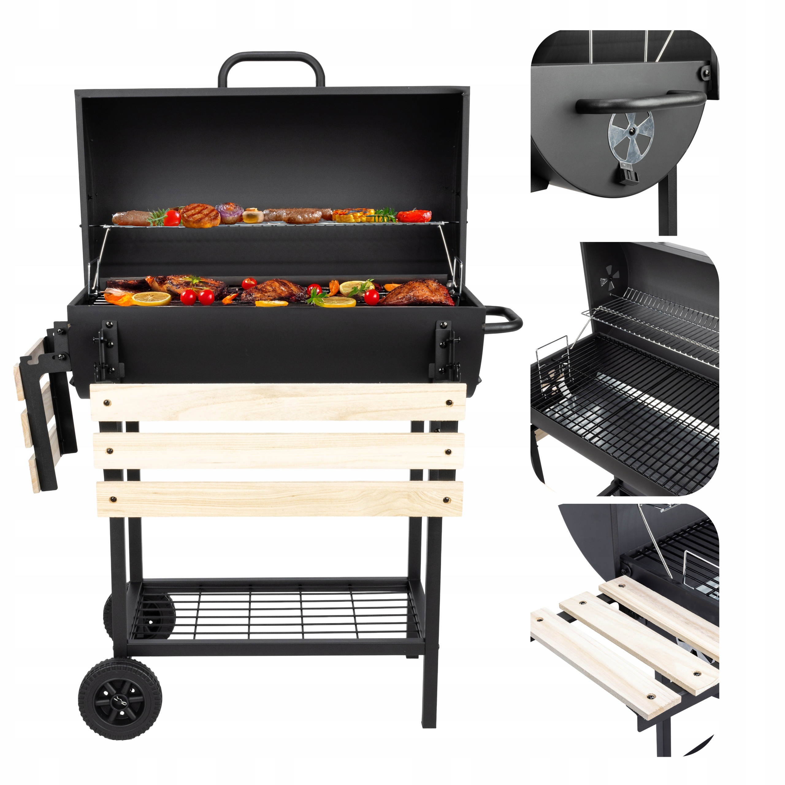 Velký Zahradní Gril Na Dřevěné Uhlí S Mobilním Víkem Velio, Chromovaný, Černý