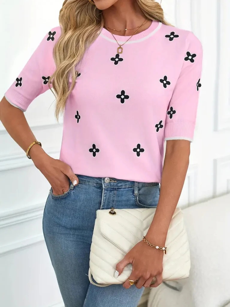 Damska Bluzka Z Krótkim Rękawem, Wykonana Z Dzianiny W Kwiatowy Wzór Różowy Marka bez marki