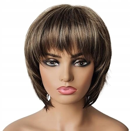 Krátká Rovná Paruka Pro Ženy Syntetická Délka 30 CM Hnědo-blond