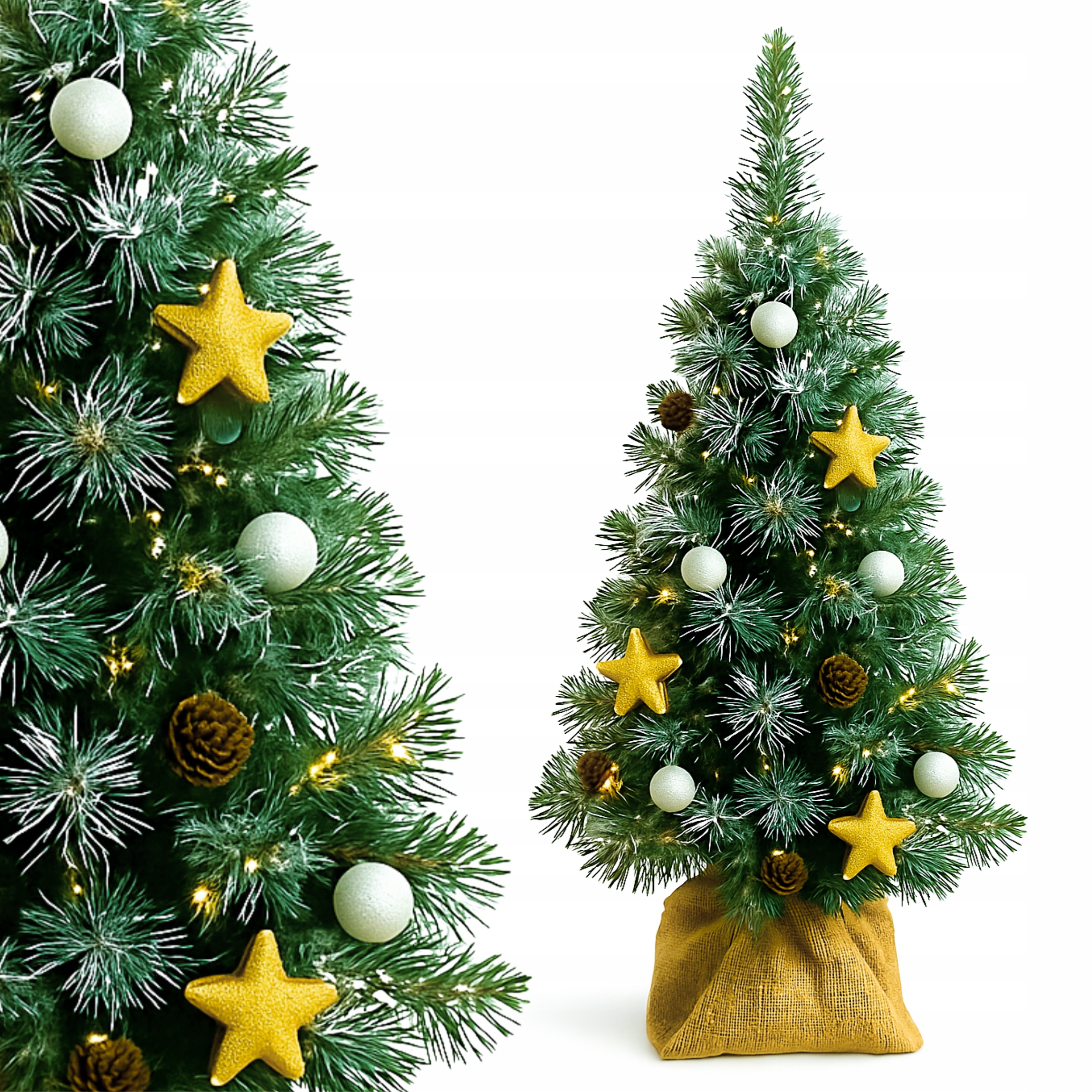 Vianočný Stromček Oblečená Umelá Borovica Malá 55CM Zasnežená zlatá ozdoba Lampičky 20LED