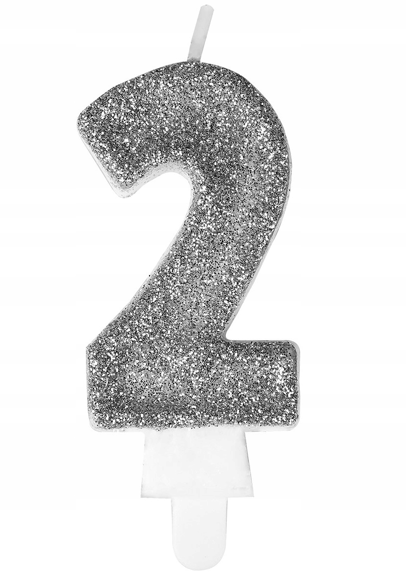 ŚWIECZKA URODZINOWA BROKATOWA CYFERKA 2 SREBRNA cyfra 1szt