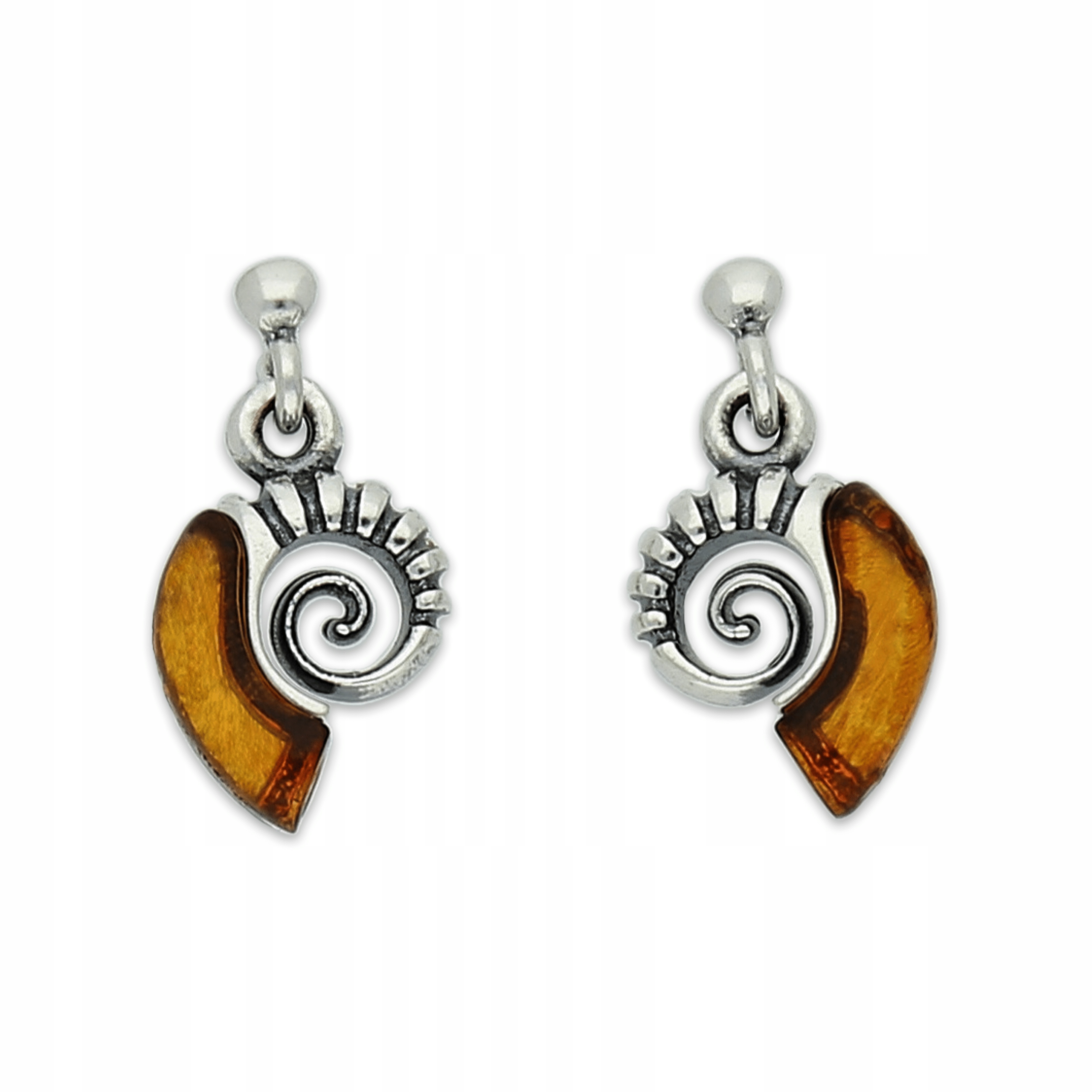 Stříbrné Náušnice S Jantarem Amonit Mušle Tužka