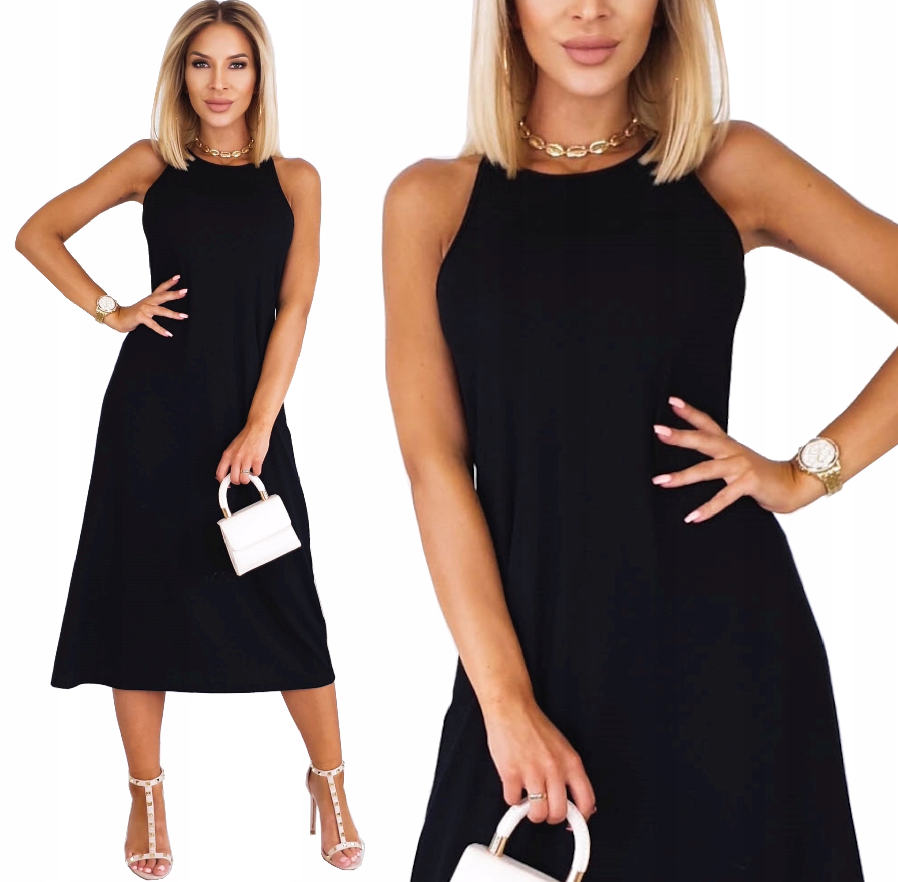

Kobieca Sukienka Prążkowana Trapezowa Midi Black
