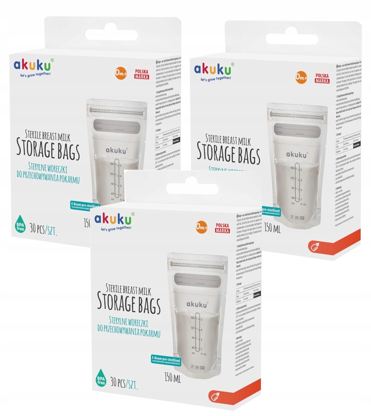 Woreczki do przechowywania mrożenia pokarmu torebki Akuku 150ml 3x30szt