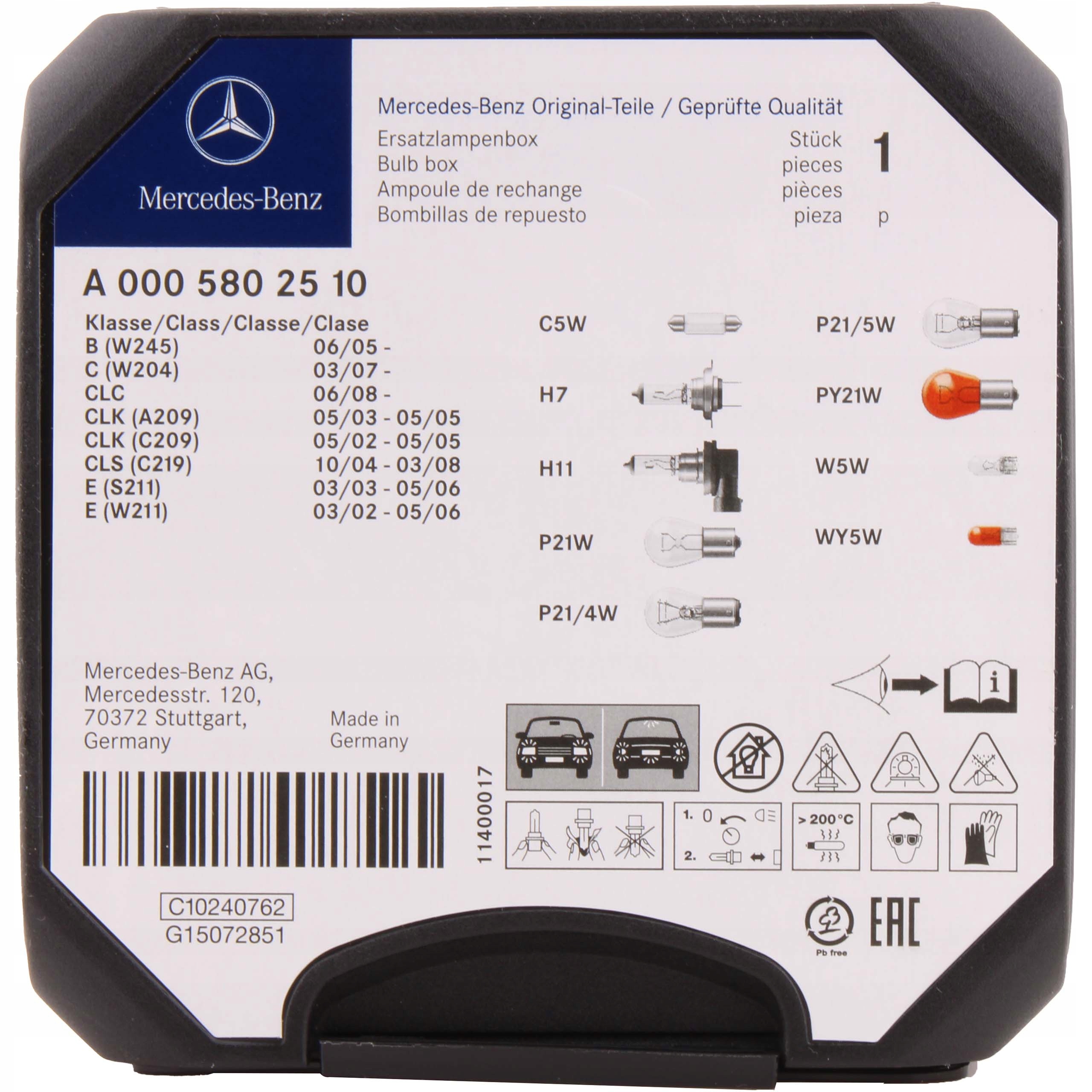 PUDEŁKO Z ZAPASOWYMI ŻARÓWKAMI MERCEDES A0005802510 C KLASA W204 Stan opakowania oryginalne