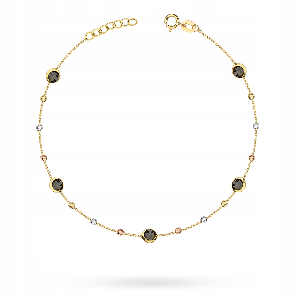 Krásný Zlatý Náramek Dámský pr. 585 14k Zirkony Korálky Krabička