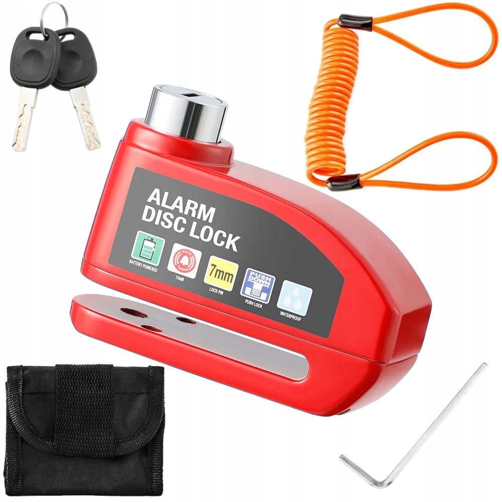 Blokada Tarczy Hamulcowej Alarm DiscLock Mocna Skuter Motocykl Rower Red
