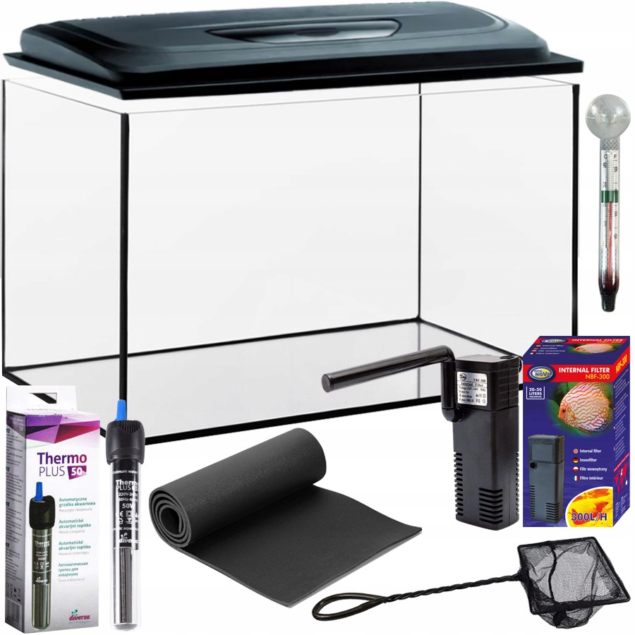 Zestaw Akwariowy 45L Wyposażenie Akwarium Filtr Grzałka Mata Akcesoria