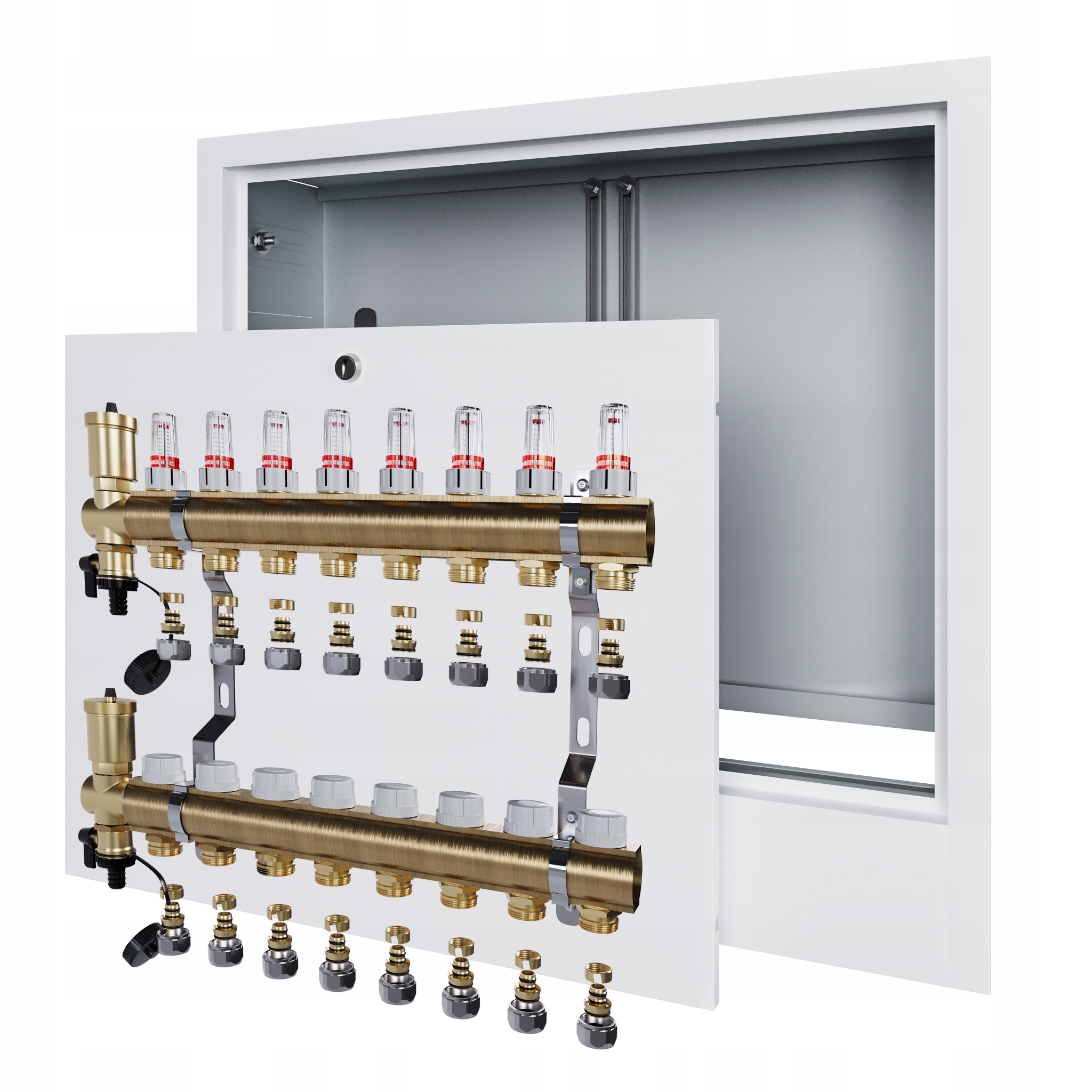 Rozdělovač pro podlahové topení 8 s podomítkovou skříňkou a spojkou Pex