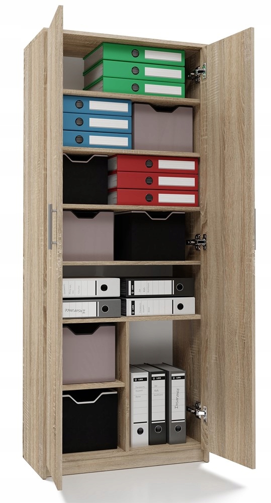 REGAŁ BIUROWY 74cm SZAFA PÓŁKI NA SEGRATORY DRZWI MEBLE BIURO DĄB SONOMA Stan opakowania oryginalne