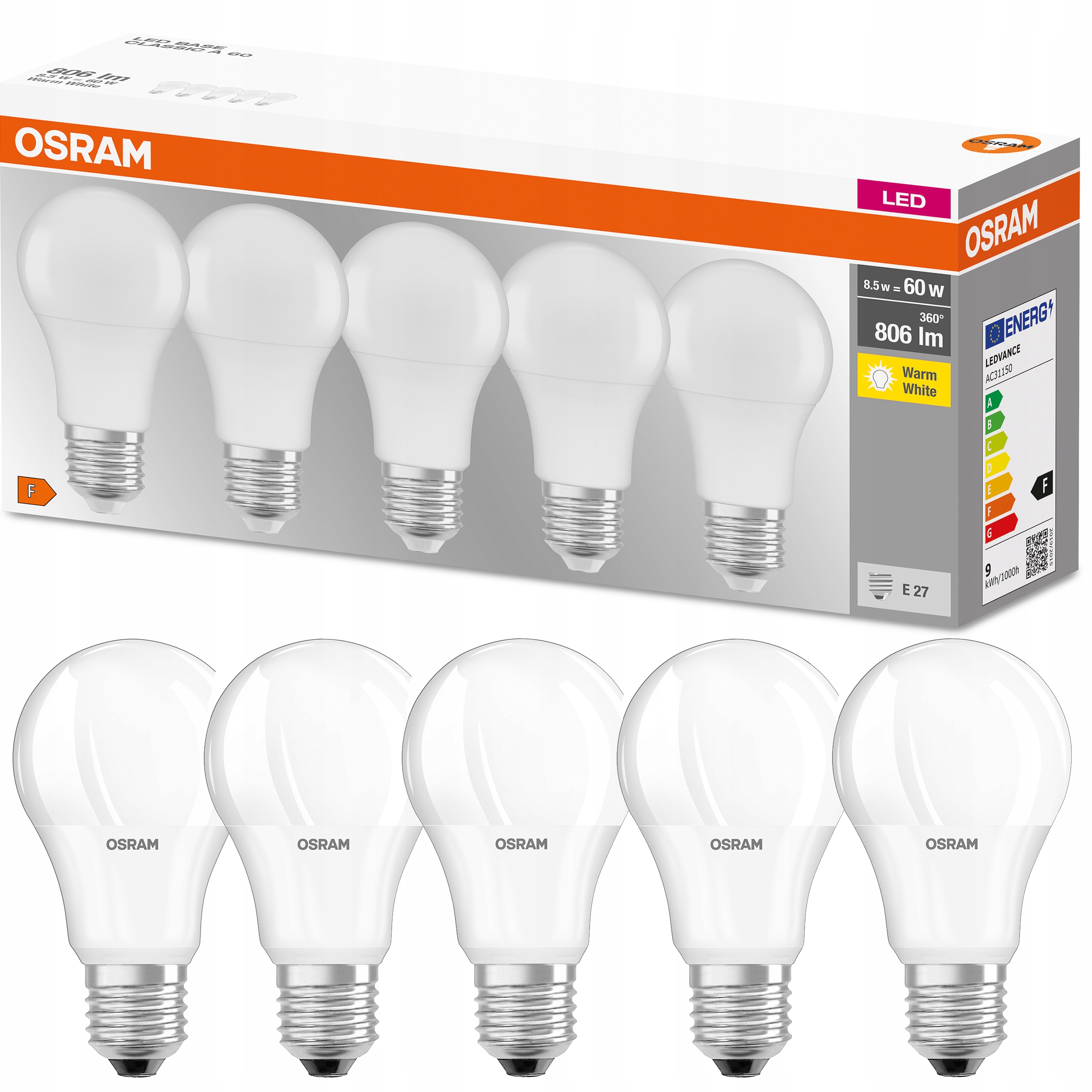 

Osram 5x Żarówka Led E27 8,5W 60W 2700K 806lm