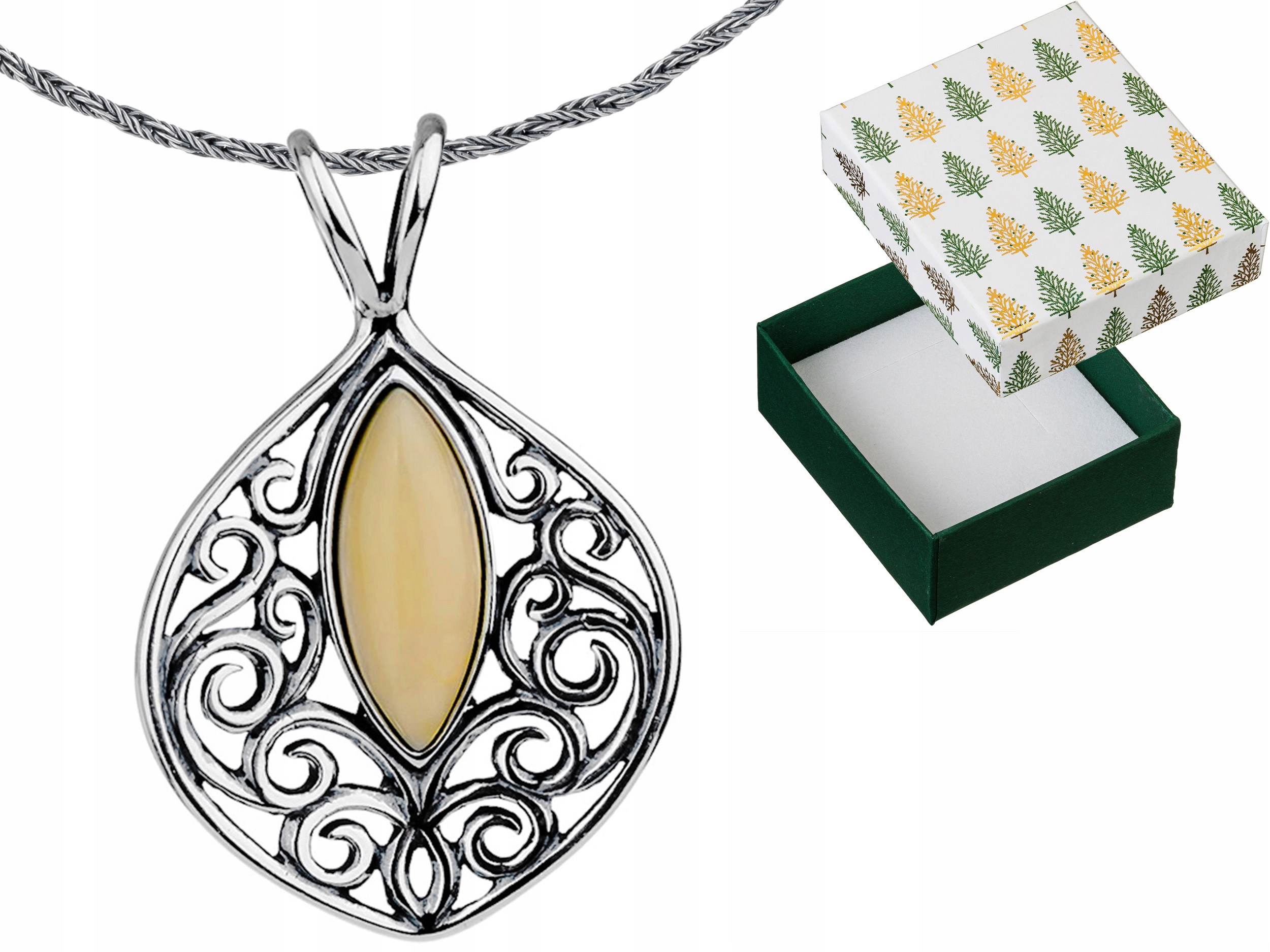 Stříbrný náhrdelník Ažurový přívěsek s jantarem Přívěsek Řetízek 55 cm