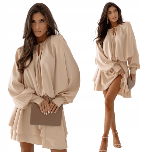 Rozkloszowana Sukienka Mini Beżowa