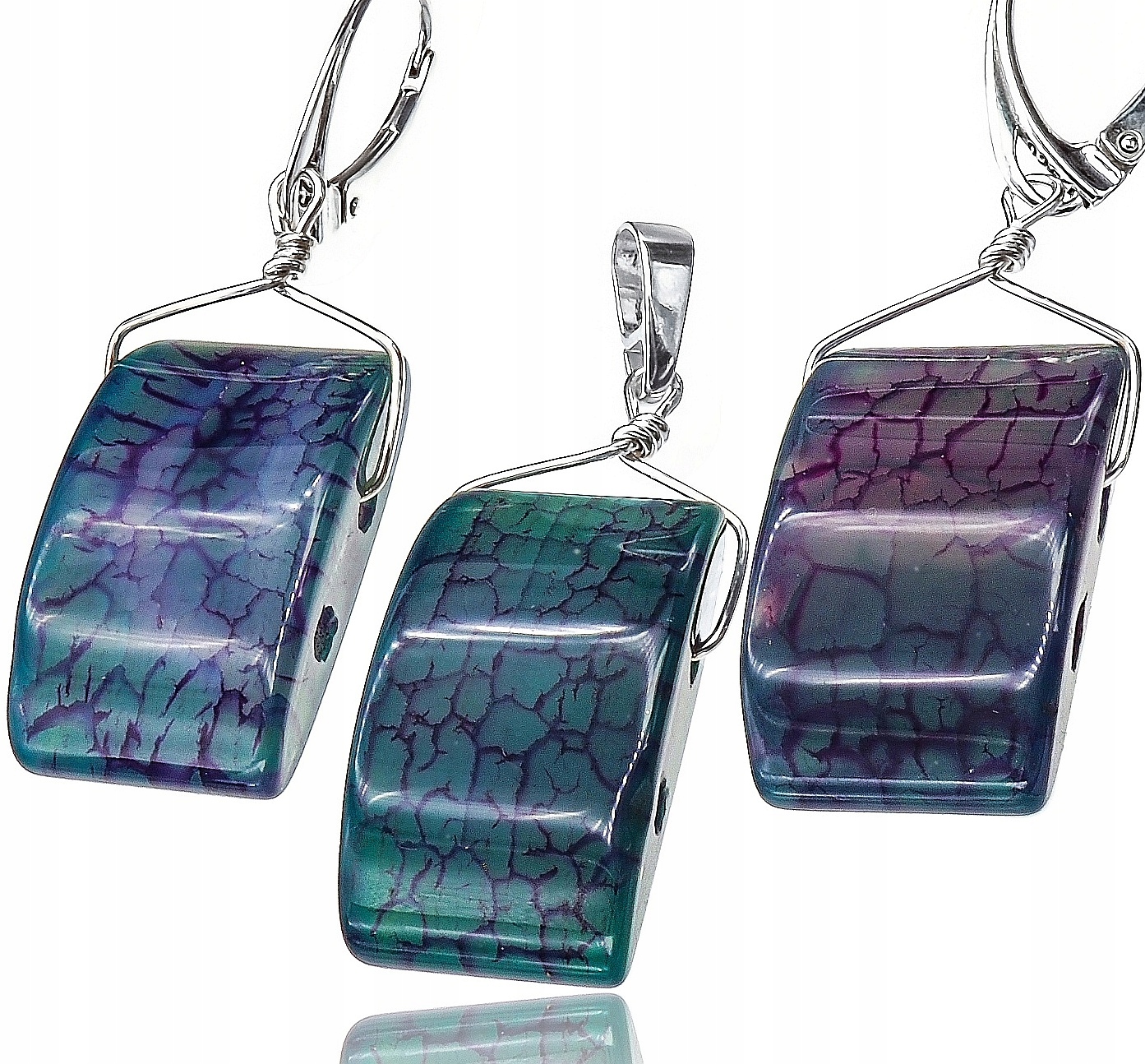 Hadí achát Výjimečné Náušnice Přívěsek Komplet Stříbro