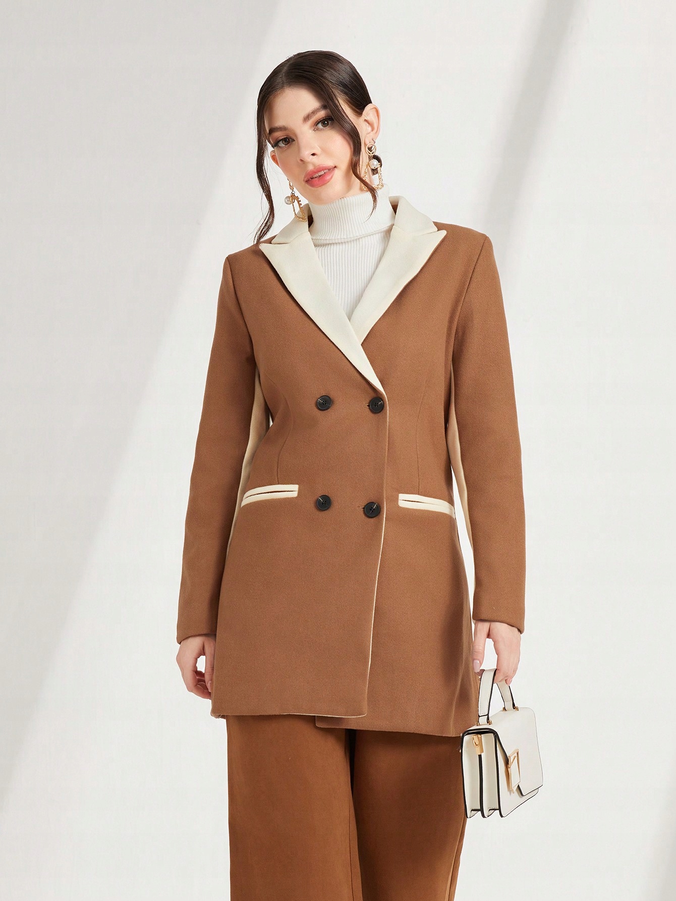 Elegantní Klasický Dvouřadý Stylový Módní Hnědý Kabát Shein, Velikost 38