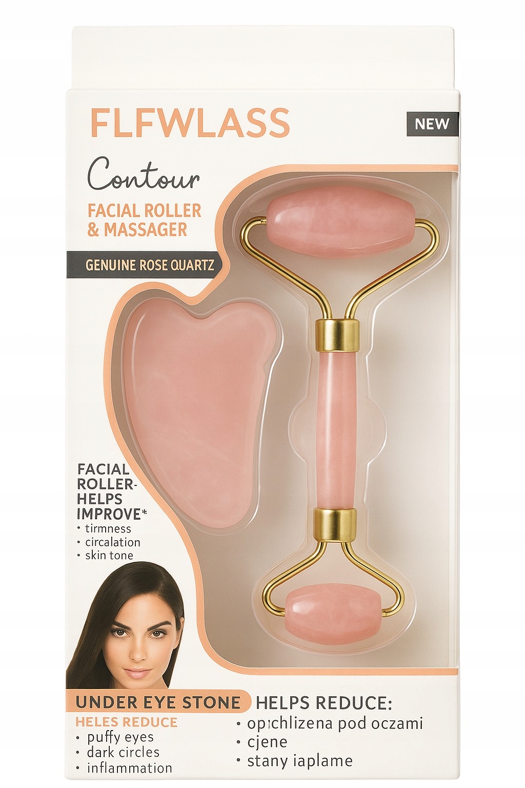 Flfwlass – Roller a Destička Gua Sha z růžového křemene Sada