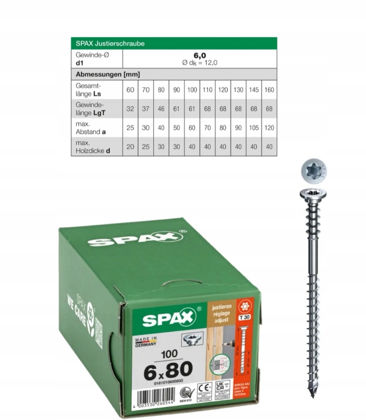 Regulační šrouby Wirox Tx Spax 6 x 80 mm 100 ks