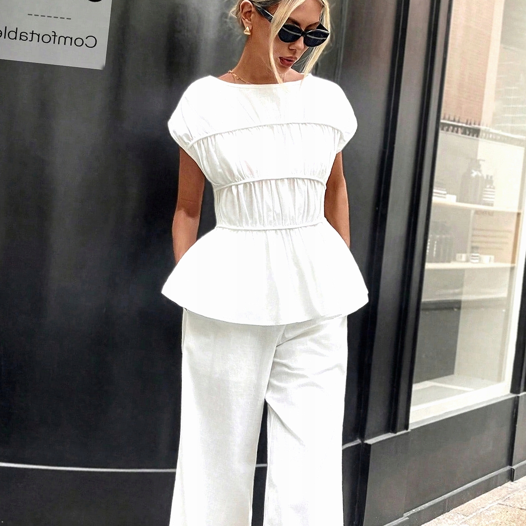 Komplet Halenka s kalhotami Falbany Letní Krémová Z Bavlny Oversize XL 42