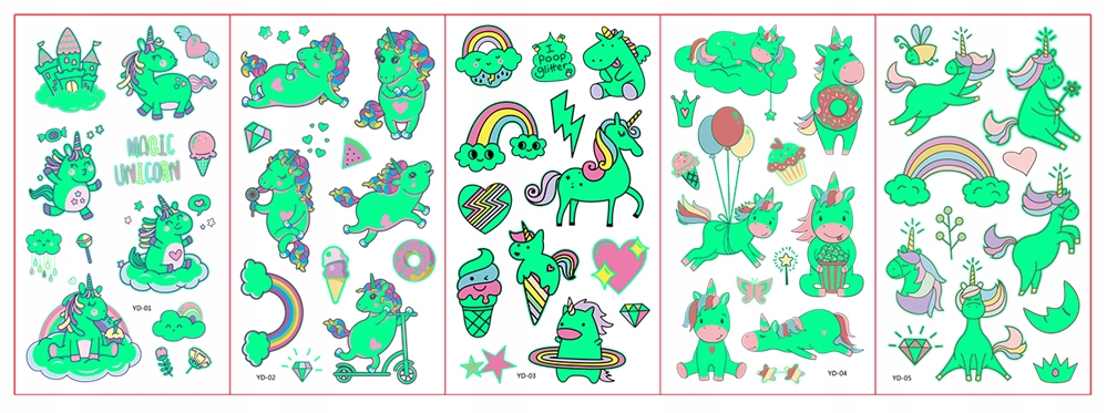 TATUAŻE ZMYWALNE KALKOMANIE ŚWIECĄCE W CIEMNOŚCI JEDNOROŻEC 5 ARKUSZY Kod producenta YD-01-5