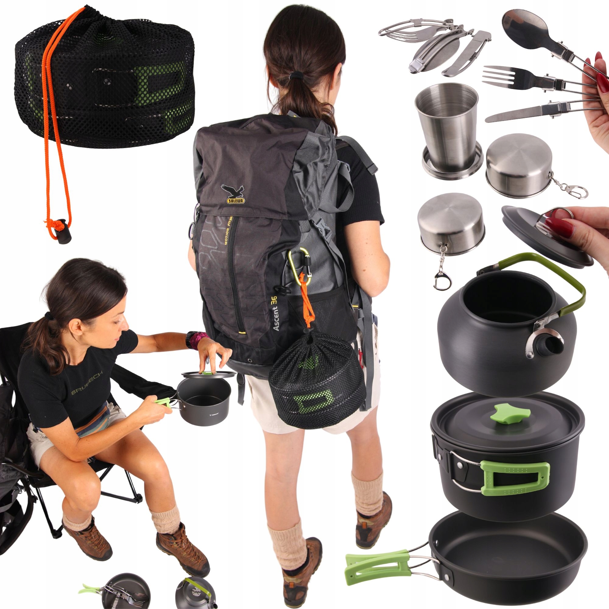 Turistické nádobí sada nádobí hrnce 18ks skládací camping pro 2 osoby