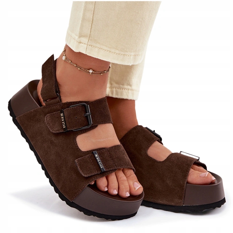 Sandały Damskie Big Star Zamsz Masywna Platforma Klamry Rzep Czekoladowe 36