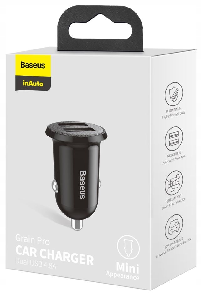Podwójna Baseus Ładowarka Samochodowa 2x USB A 4.8 A do Samochodu Kolor czarny