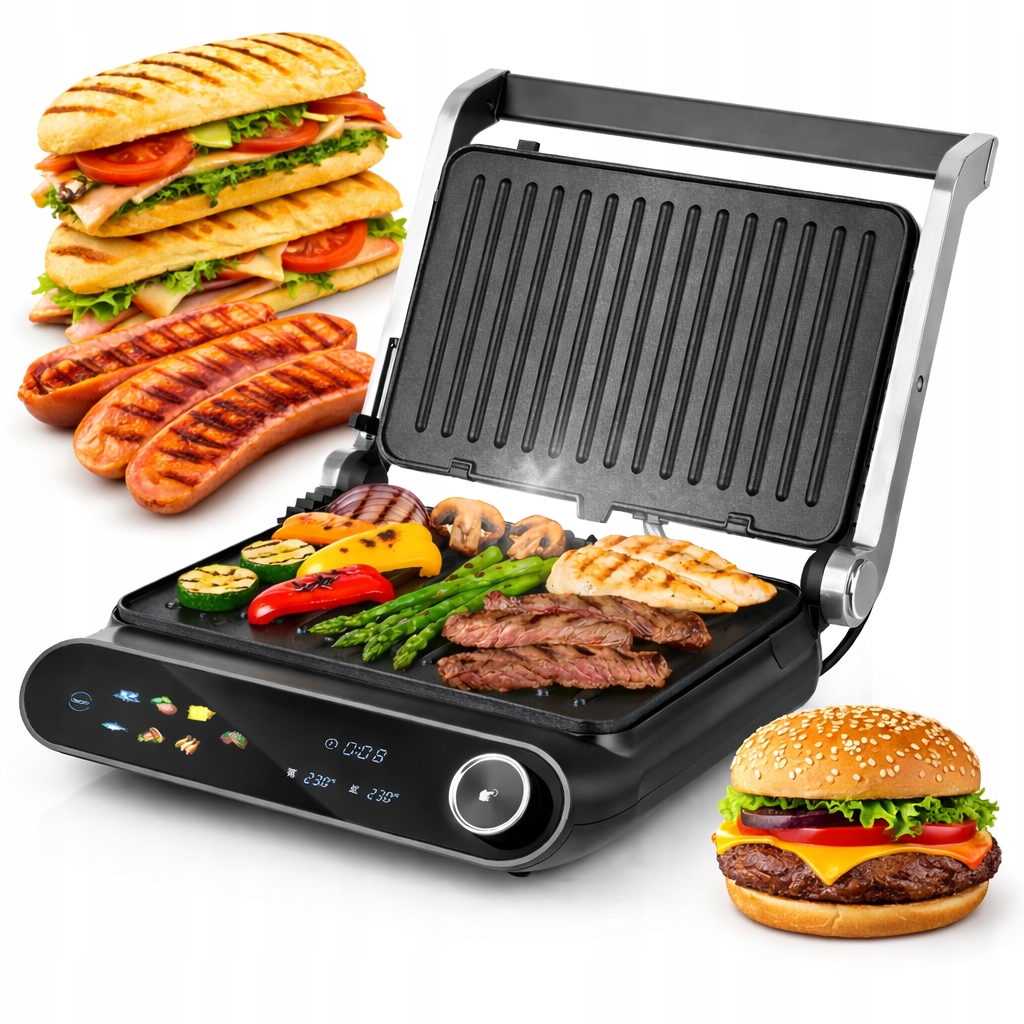 Grill Elektryczny Opiekacz Toster Do Kanapek Panini Rozkładany Timer 2200W
