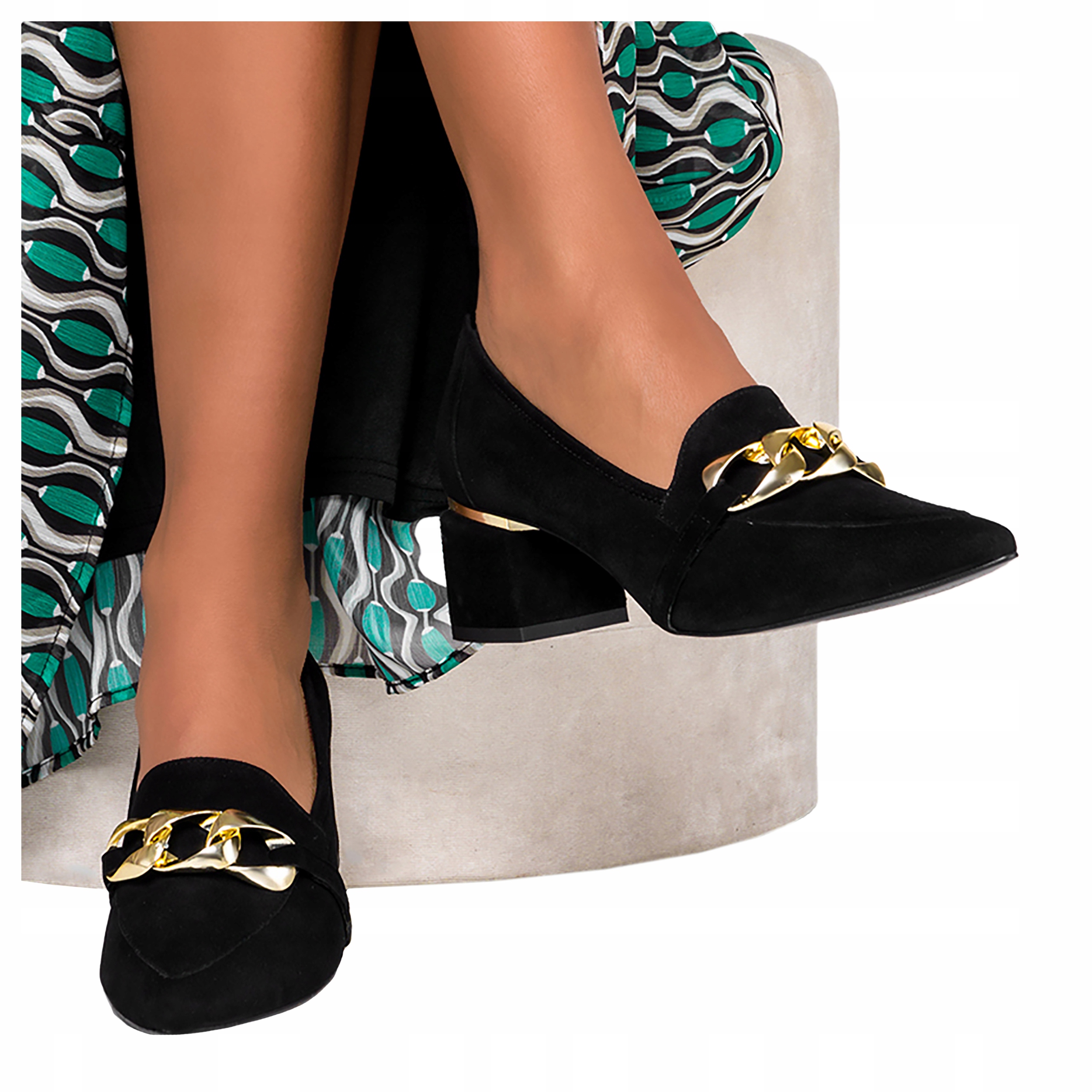 Kožené Lodičky Na Podpatku Kostky Řetěz Pl 39