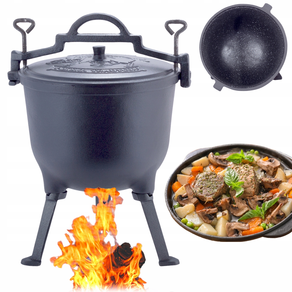 KOCIOŁEK MYŚLIWSKI ŻELIWNY EMALIOWANY GARNEK STOJĄCY NA OGNISKO 10L KAMILLE