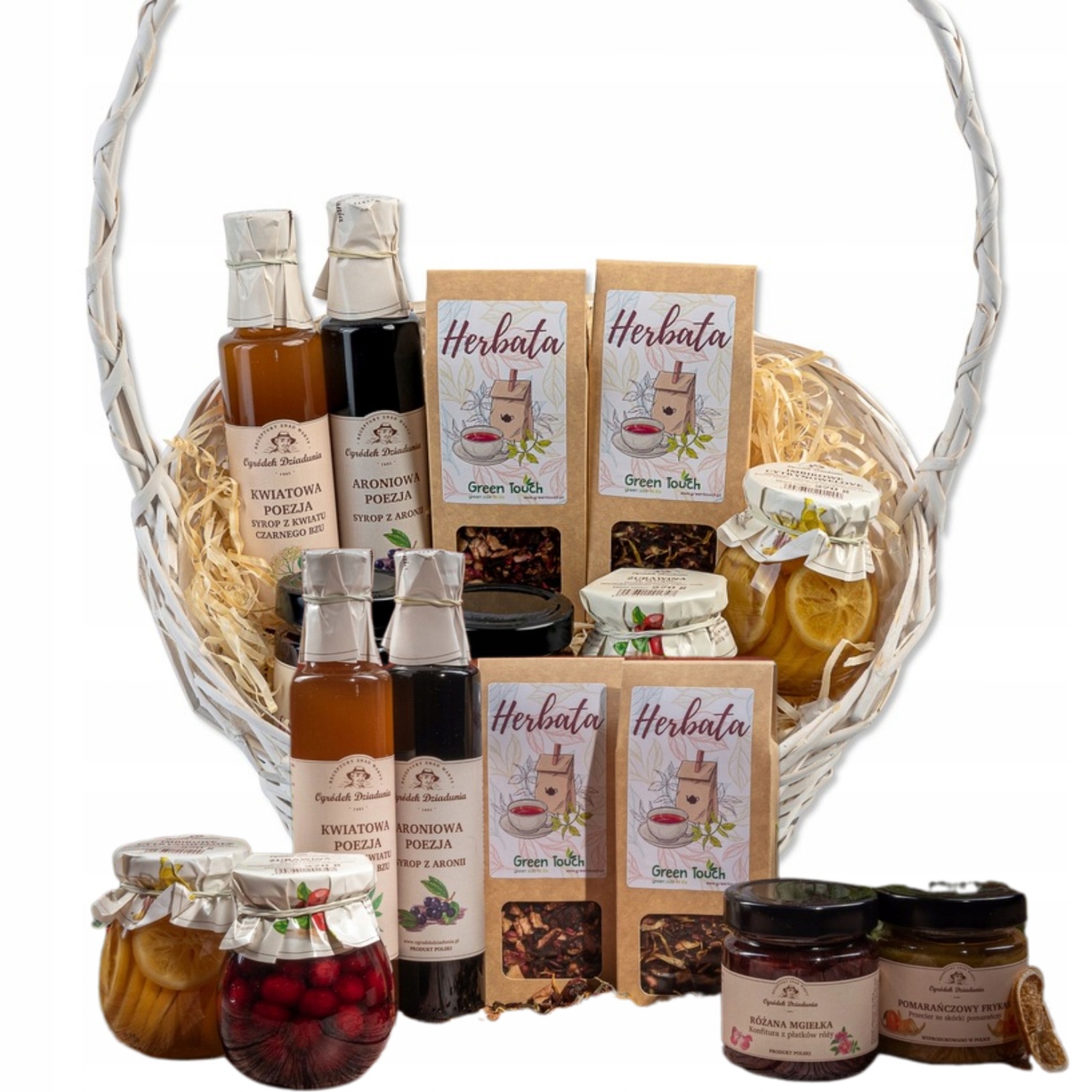 Kosz Prezentowy Zestaw Herbat Syropy Wiklinowy Konfitury Urodziny Rocznica