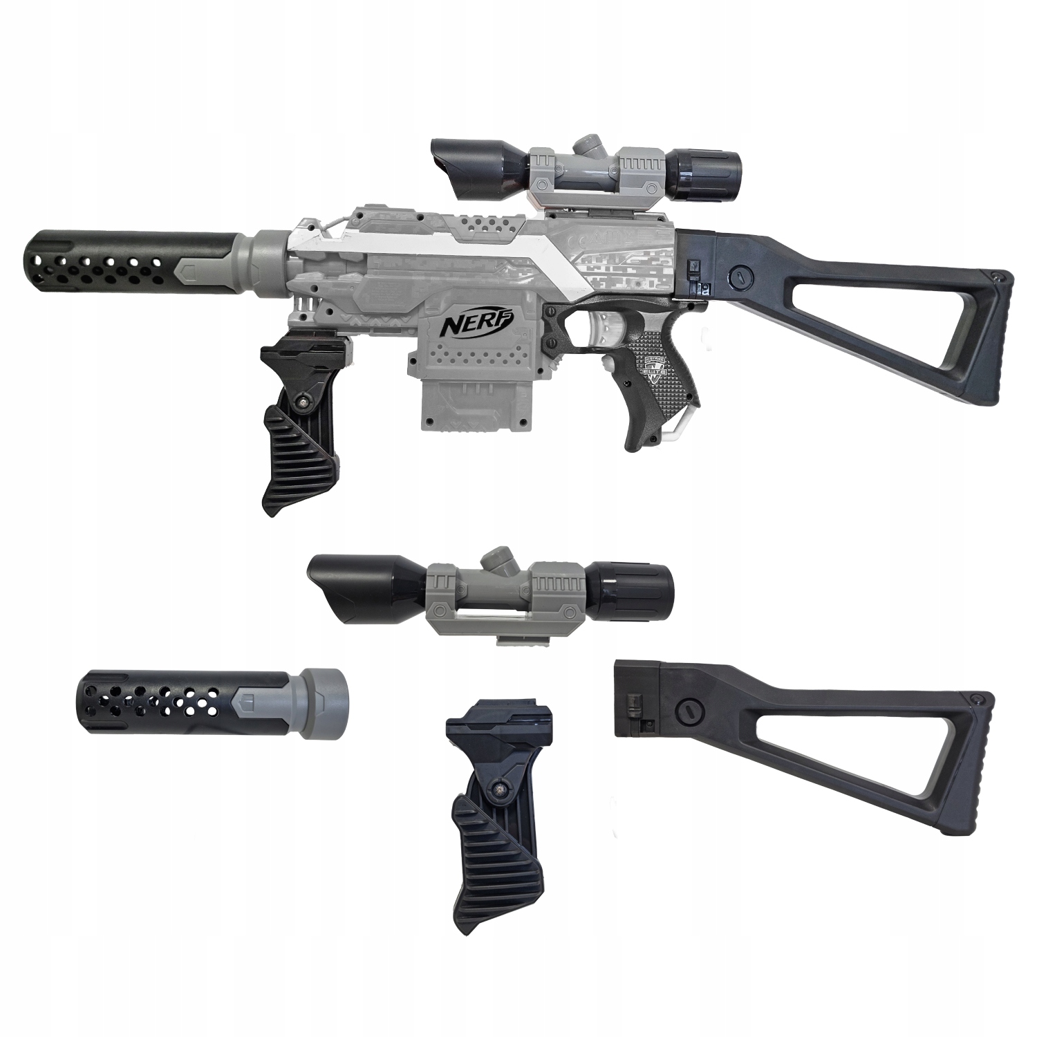 4 DODATKI DO NERF Elite KOLBA CELOWNIK TŁUMIK do Commander Echo Phoenix Rodzaj pistolety