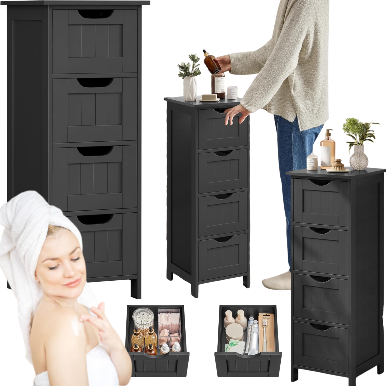 Regál Úzka Čierna Polička so zásuvkami do obývacej izby, kúpeľne, predsiene