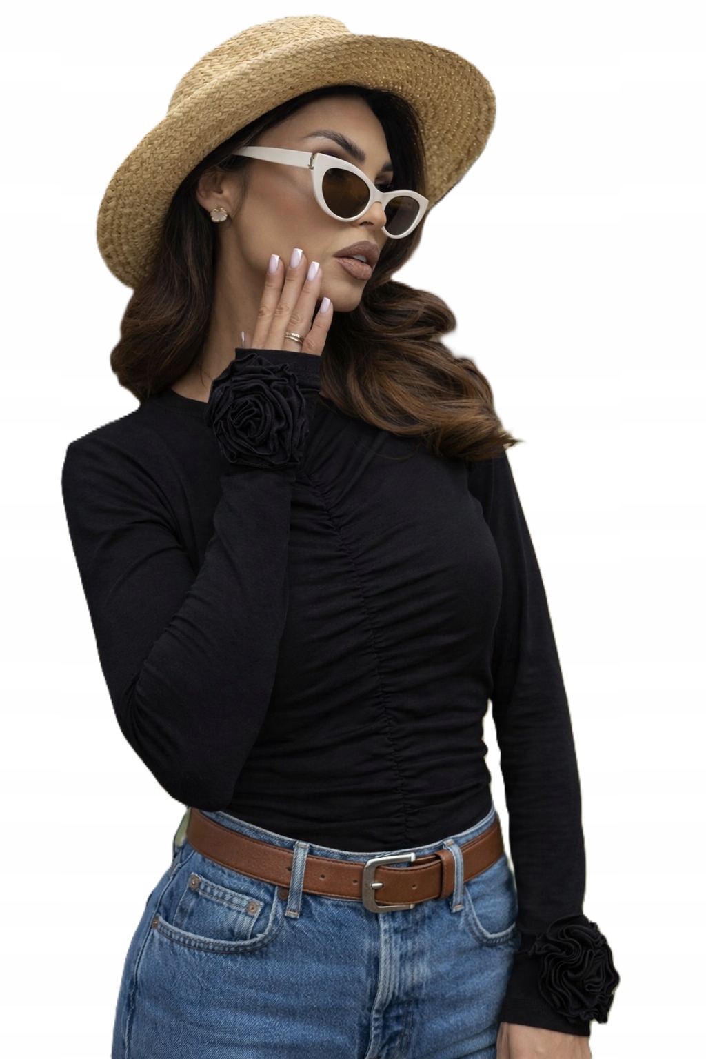 Bluzka damska czarna z kwiatem na rękawie bawełna z długim rękawem r.S