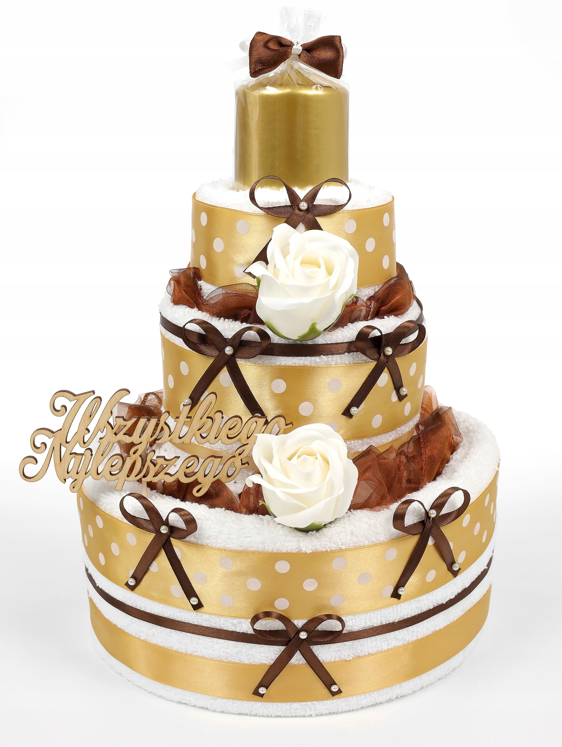 TORT PREZENTEX ze Świecą - Z 4 ręczników - PREZENT Ślub Rocznica Urodziny