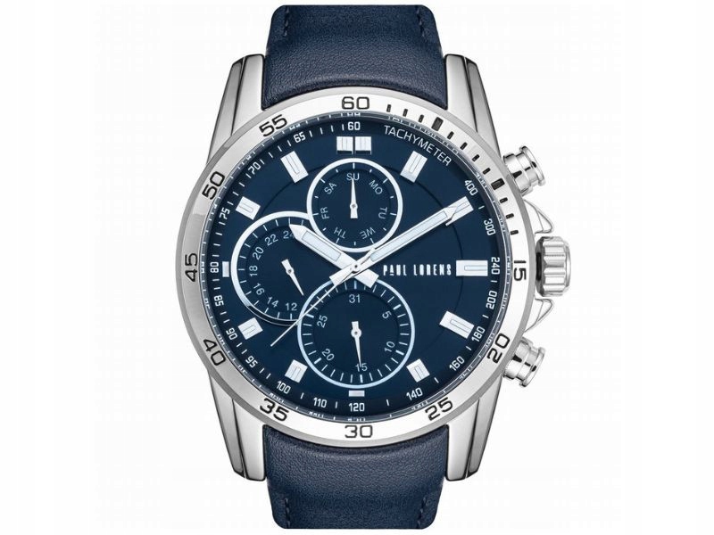 Tmavě modré hodinky pro muže s modrým ciferníkem typu multidata z kůže