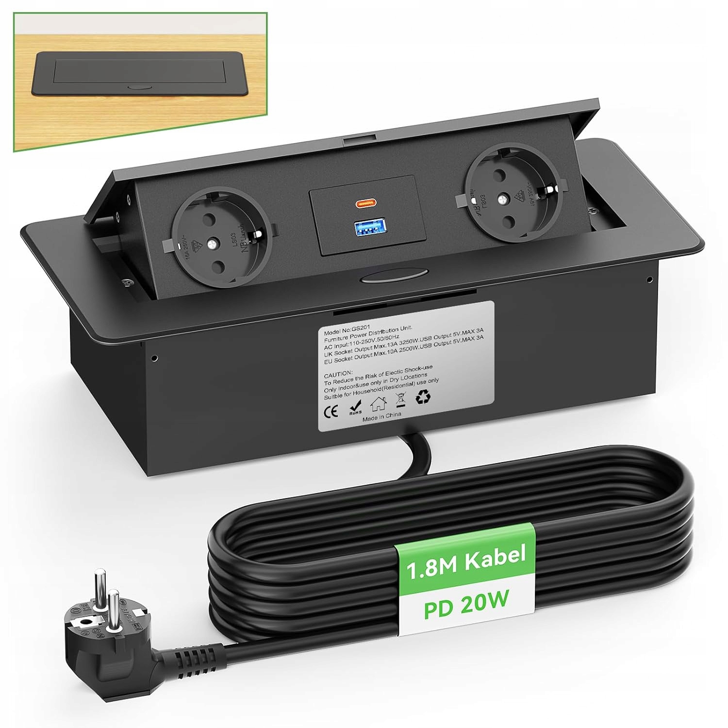 Výsuvná zásuvka Hannelore Usb-c PD20W hliníková pro zabudování, černá deska