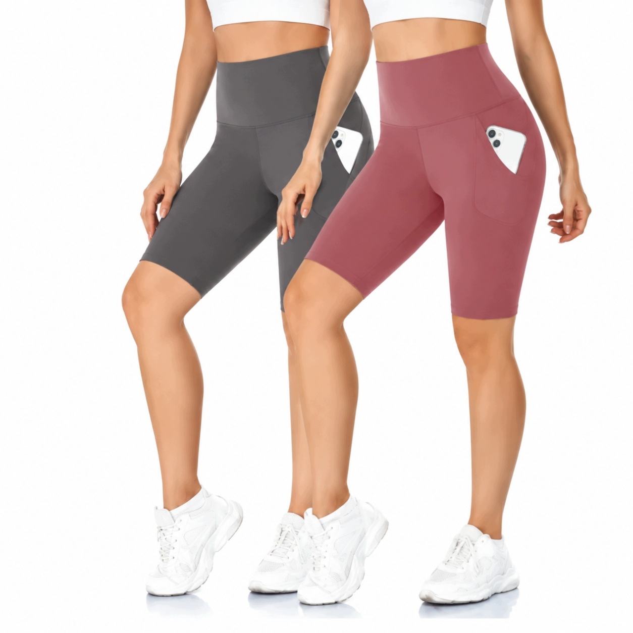 Spodenki damskie rowerowe krótkie legginsy z kieszeniami wysoki stan 2 szt