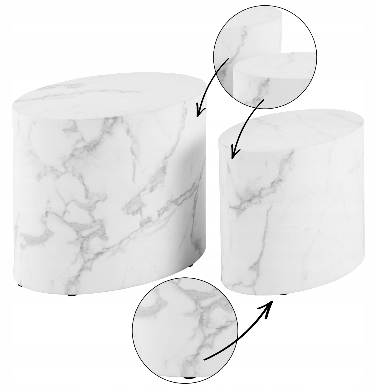 Sada 2 Oválnych Kávových Stolíkov moderná imitácia bieleho mramoru