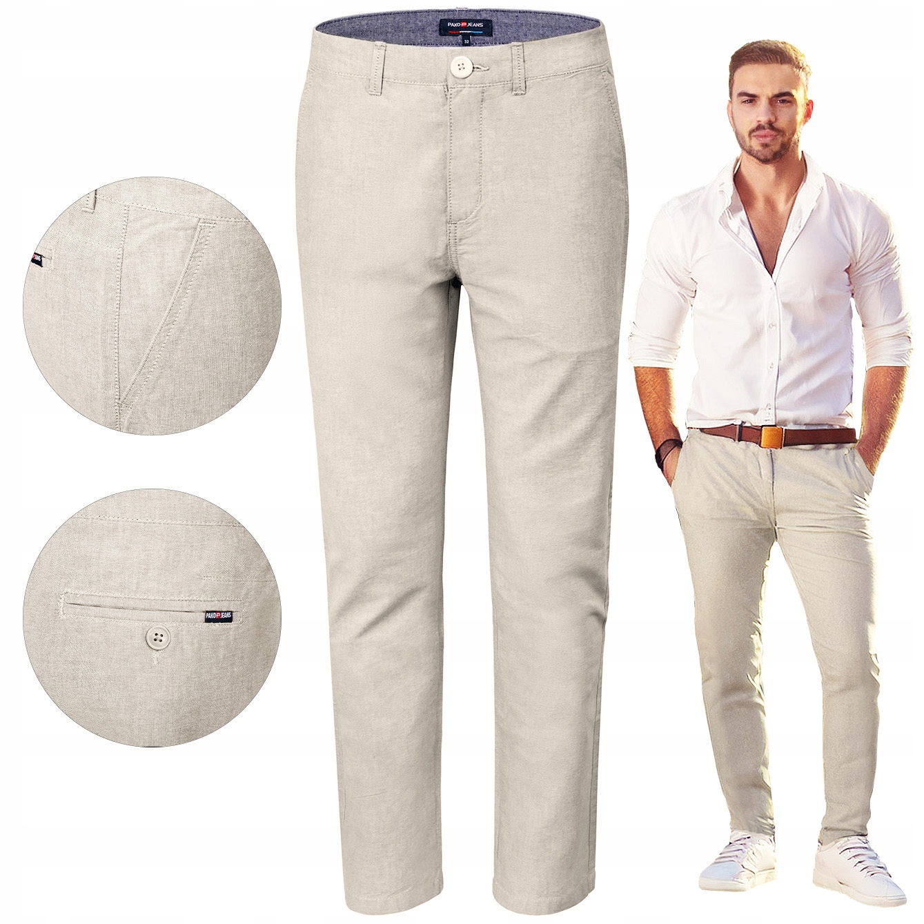 Pánské kalhoty Chinosy Bavlněné Světle Béžové Slim Fit W40/L32 Pako Jeans