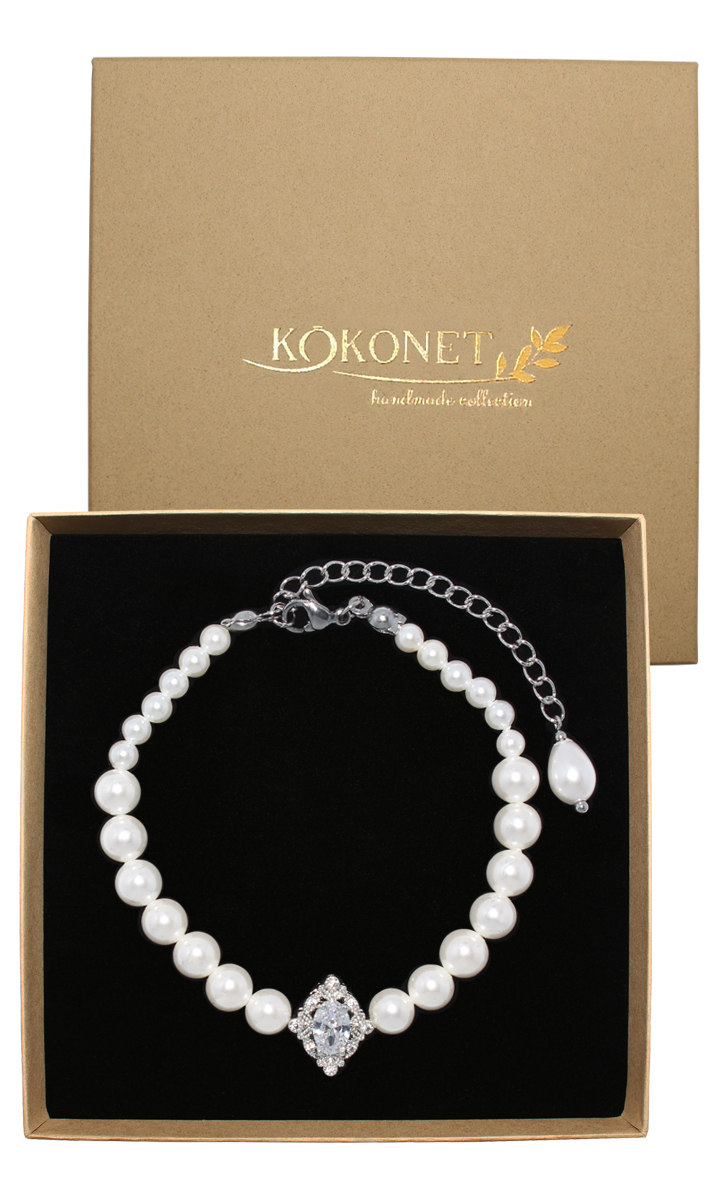 Perlový náramek vyrobený ručně, stříbrná aplikace ze zirkonu Krabička