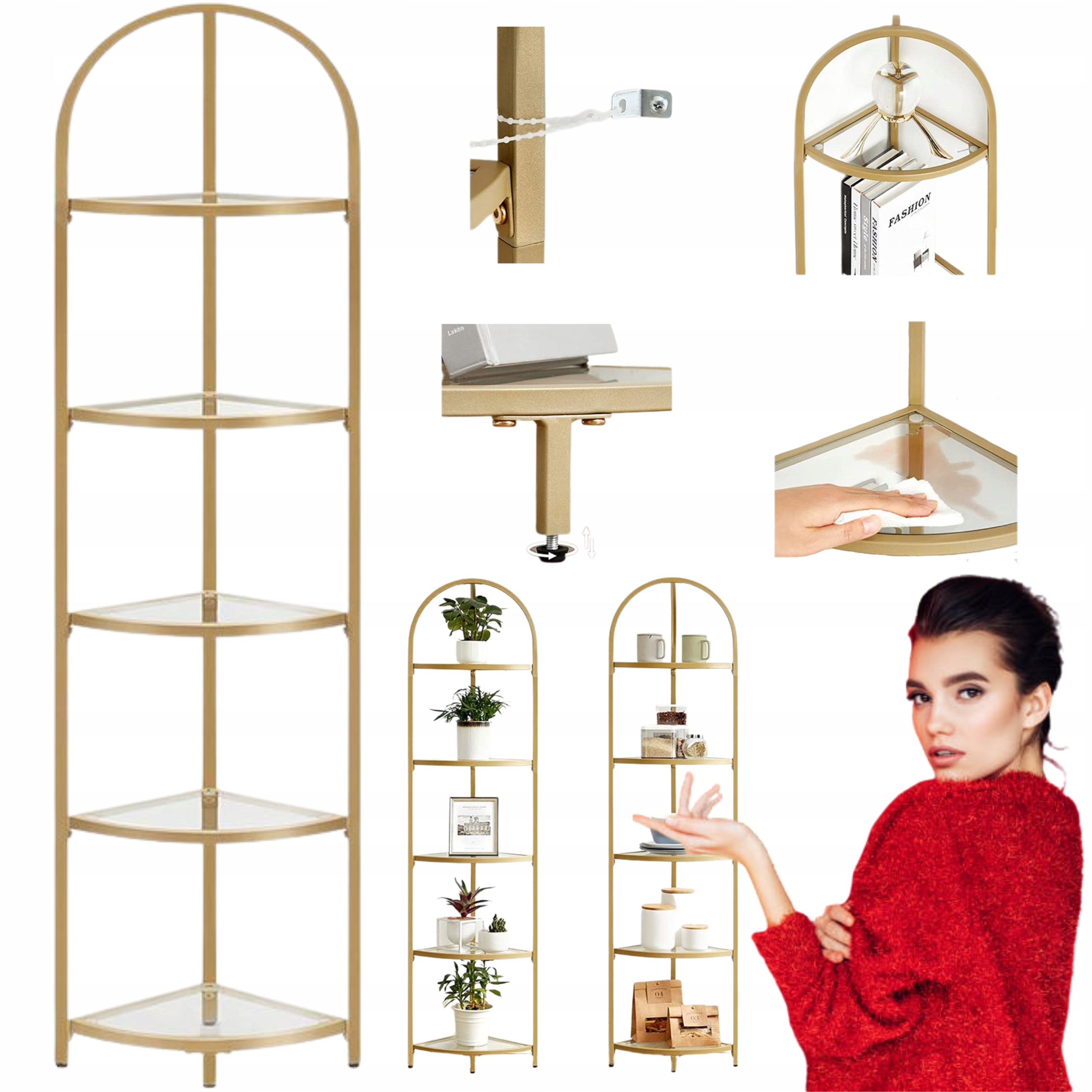 Rohový regál Sloupek do obývacího pokoje 5 Polic Skleněný Zlatý Loft 28×28×158 cm