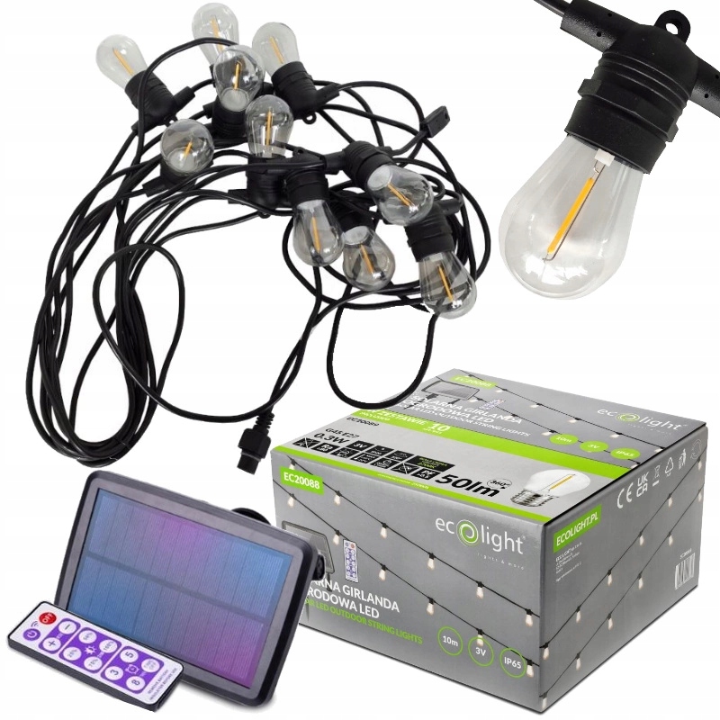 Girlanda Ogrodowa na Balkon Taras Led Solarna 0,3W 10m 10xŻarówki E27 Pilot