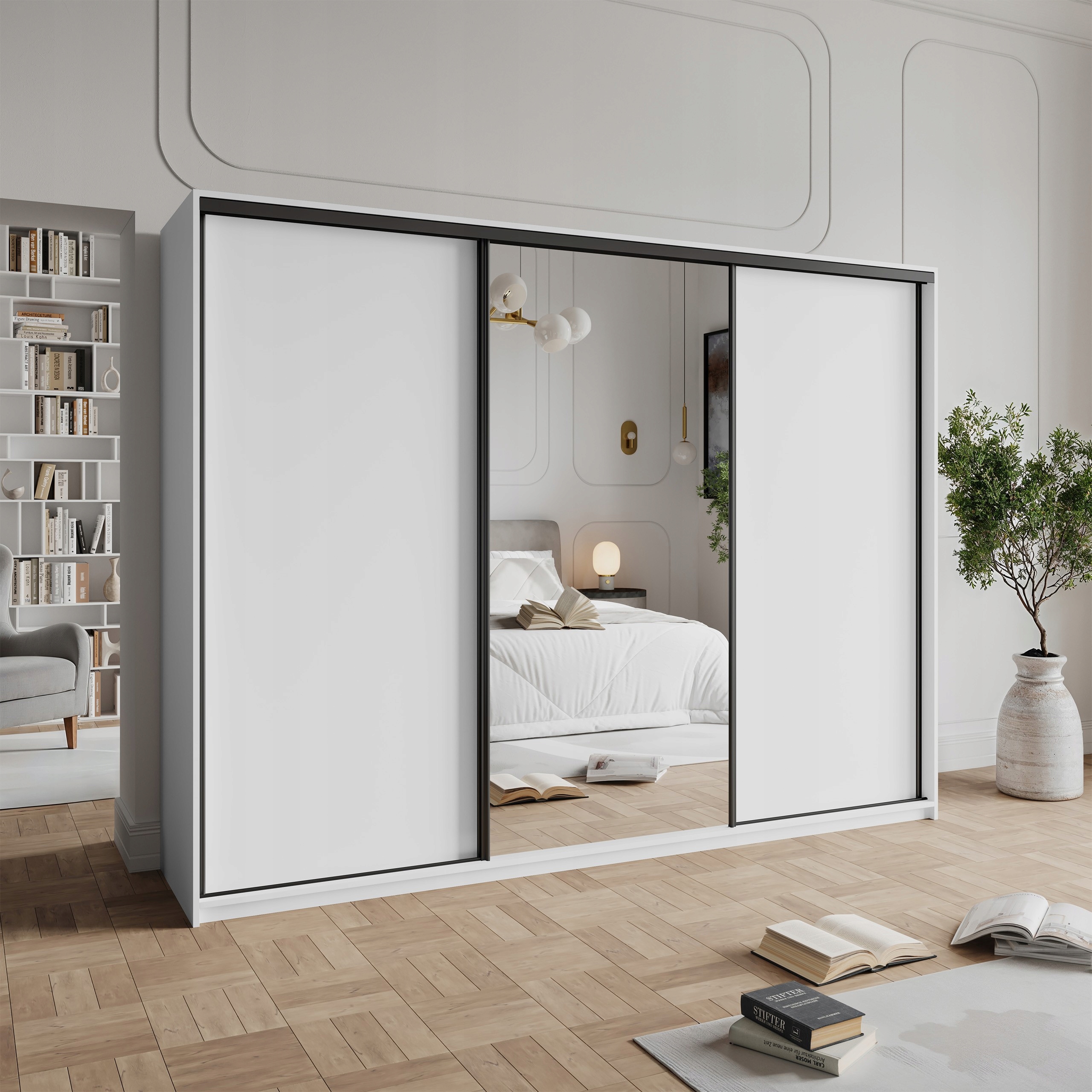 Skříň 250 cm se zrcadlem Zásuvky třídveřová bílá černá