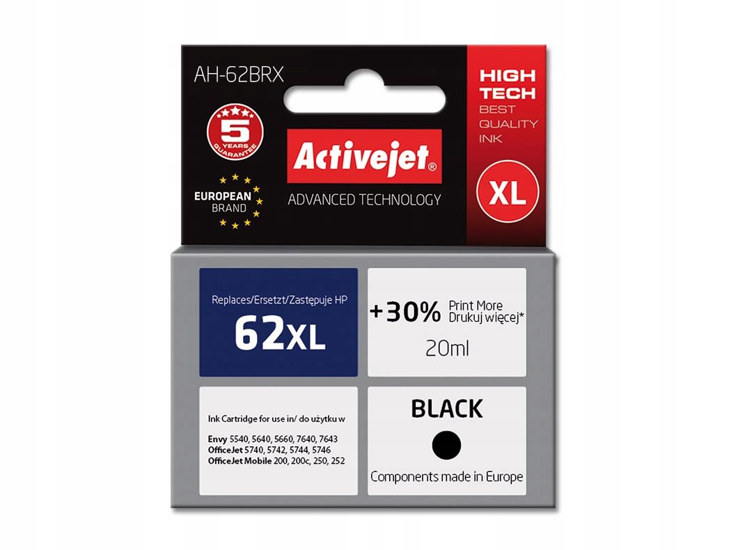 Tusz Activejet 62 62XL Do Drukaki Hp Officejet 5740 Envy 5640 7640 7650 Bk