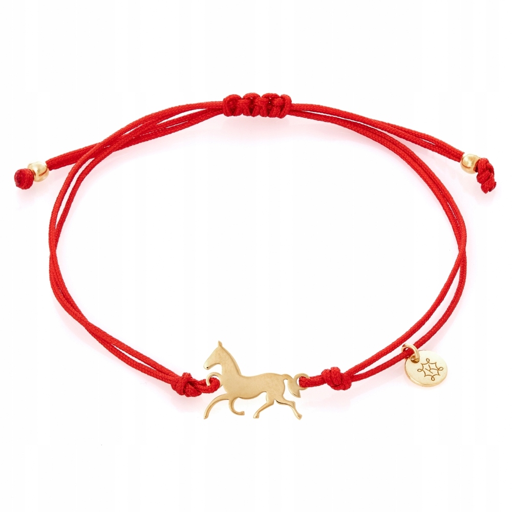 Bransoletka sznurkowa czerwona pozłacana Ania Kruk złoty koń srebro 925