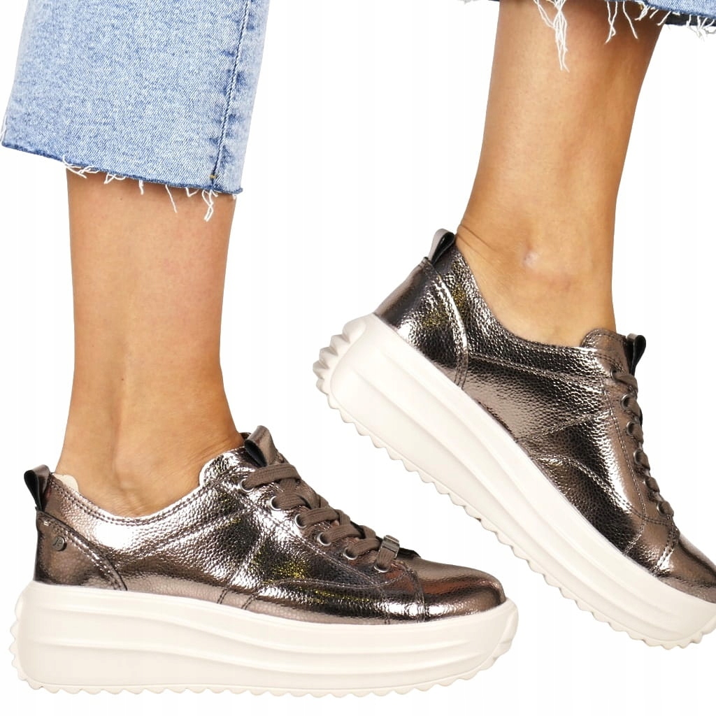 Dámské Polobotky Kožené S Tlustou Podrážkou, Zlatý Metalický Top