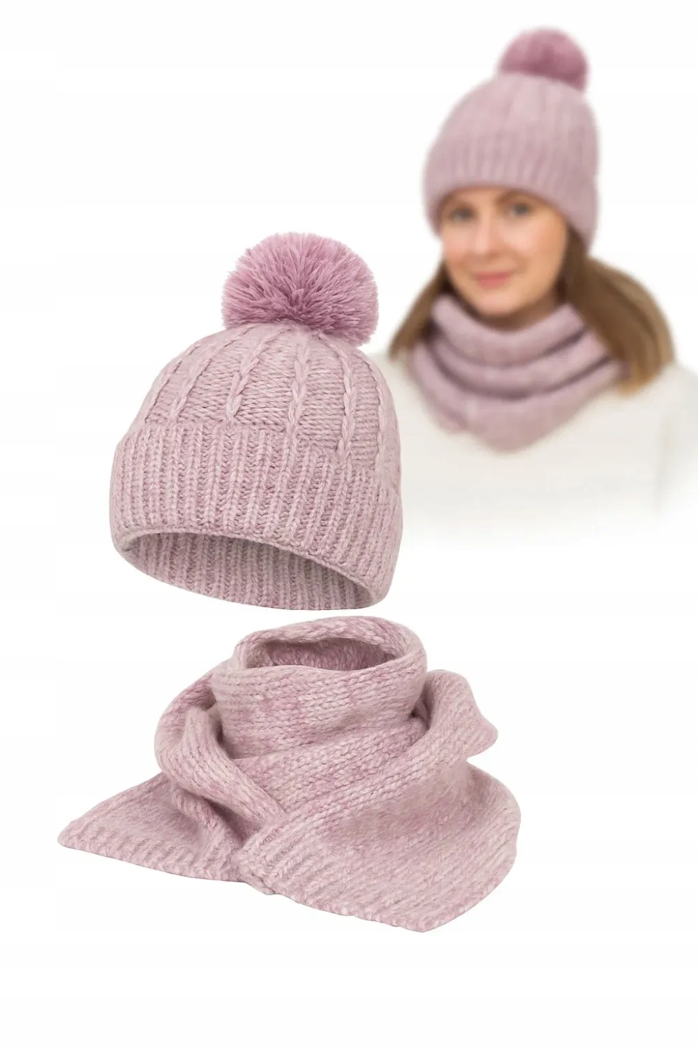 Dámský růžový zimní komplet Čepice a šála z úpletu W475D Polar Fashion