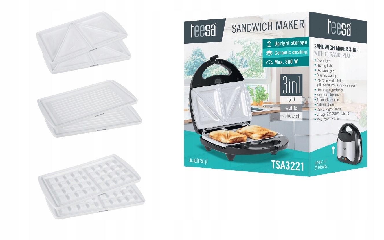 Sendvičovač Teesa 800W gril vafle toasty 3v1 Keramické Vložky